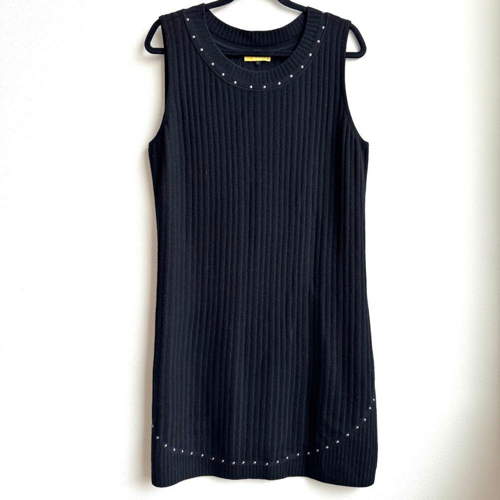 St John Knit Dress Size Large Cashmere Wool black Stud Detail Classic Elegant